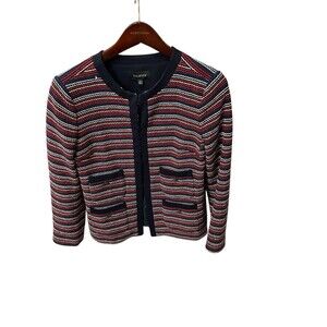 Talbots Boucle Stripe Cardigan Jacket Size Medium Blue Red White